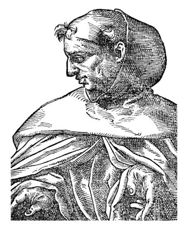 In this picture shows a print of St. Francis made by German artist Johann Otmar. It depicts reading a bible outside trees. In each corner of the print are symbols of the four propagators, vintage line drawing or engraving illustration.のイラスト素材