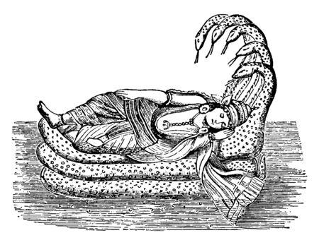 In this image Lord Vishnu is resting on the snake which is 5 heads, vintage line drawing or engraving illustration.のイラスト素材