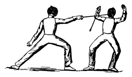 Players using 'Prime Parry' technique of fencing where one of the players is hitting on other's player face with edge point of sword, vintage line drawing or engraving illustration.のイラスト素材