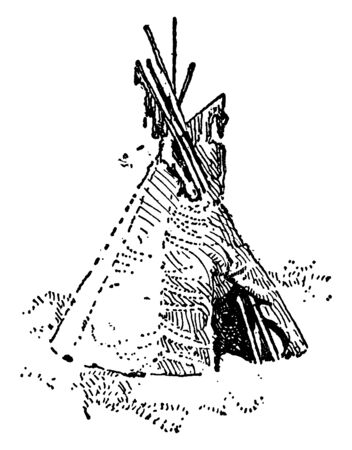 A wigwam, wick up or wetu is a domed dwelling formerly used by certain Native American, vintage line drawing or engraving illustration.のイラスト素材