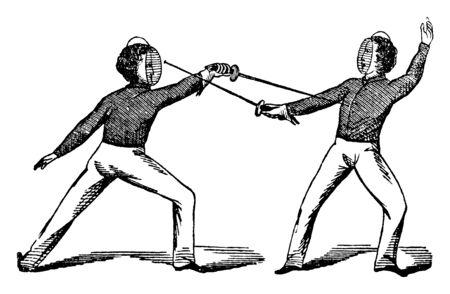Fencing game where players swords are touching each other arms, vintage line drawing or engraving...