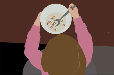 Child eating, illustration, vector on white background.のイラスト素材
