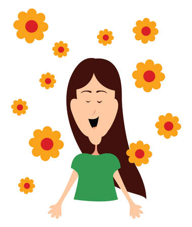 Girl with flowers, illustration, vector on white background.のイラスト素材