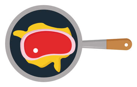Meat in frying pan, illustration, vector on white background.のイラスト素材