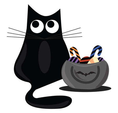 Black cat and candies, illustration, vector on white background.のイラスト素材