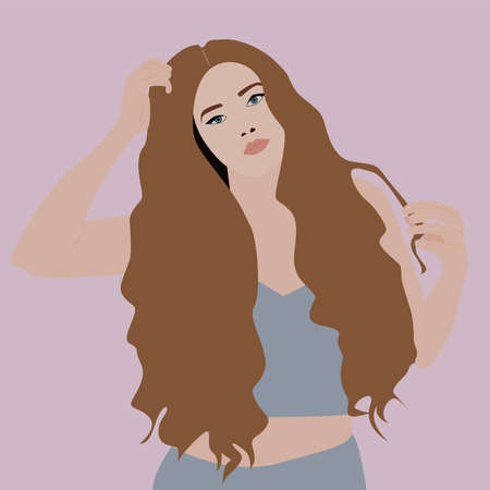Girl with curly hair, illustration, vector on white background.のイラスト素材