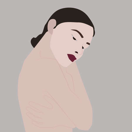 Woman hugging herself, illustration, vector on white background.のイラスト素材