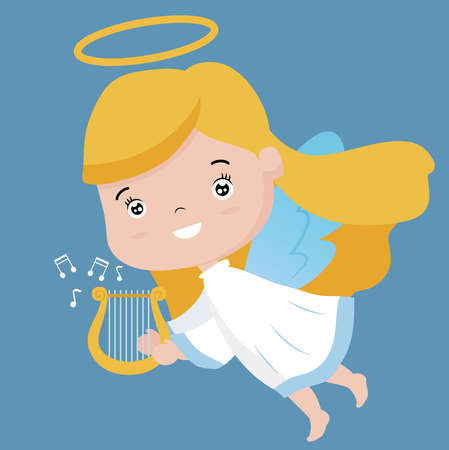 Angel with harp, illustration, vector on white backgroundのイラスト素材