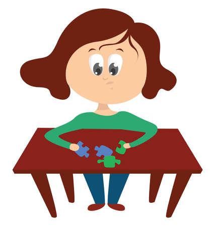 Girl solving puzzle , illustration, vector on white backgroundのイラスト素材
