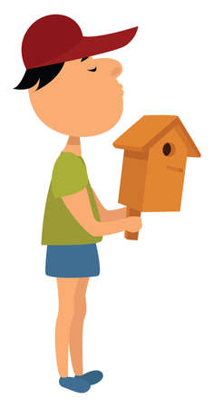 Man holding birdhouse, illustration, vector on white backgroundのイラスト素材
