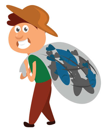 Fisherman with fish, illustration, vector on white backgroundのイラスト素材