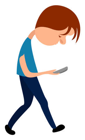 Guy walking with a phone, illustration, vector on white backgroundのイラスト素材