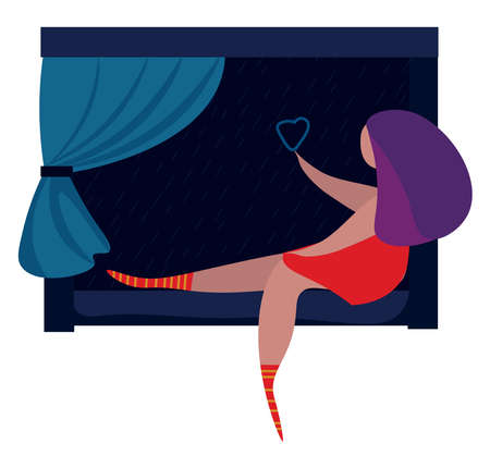 Girl watching rain, illustration, vector on white backgroundのイラスト素材
