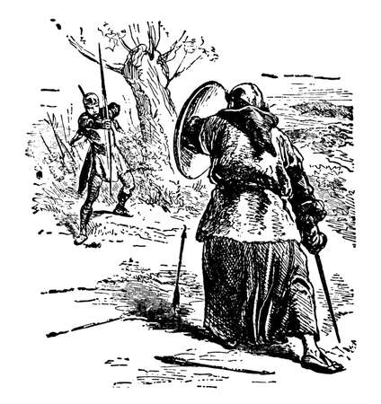 A man shooting arrows with bow towards another man standing in front of him who protecting himself with shield, tree in background, vintage line drawing or engraving illustrationのイラスト素材