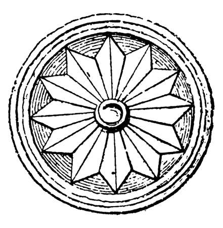 Rosette is very similar to those found at Mycenae, A circular plaque decorated with a rosette, vintage line drawing or engraving illustration.のイラスト素材