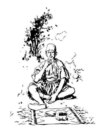 Not a Pin to Choose, this picture shows a man sitting on ground and eating bread, vintage line drawing or engraving illustrationのイラスト素材