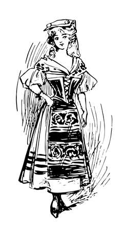 Nedda, this picture shows a female with one hand kept on waist, vintage line drawing or engraving illustrationのイラスト素材