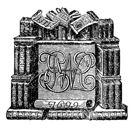 Book-plate or plate of William Hewer, discovered through daniel dardanus, book collection, vintage line drawing or engraving illustration.のイラスト素材