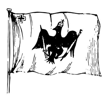 Flag of Prussia, 1881, this flag shows an eagle with crown, eagle clutches sword in right leg and sceptre in left leg, vintage line drawing or engraving illustrationのイラスト素材
