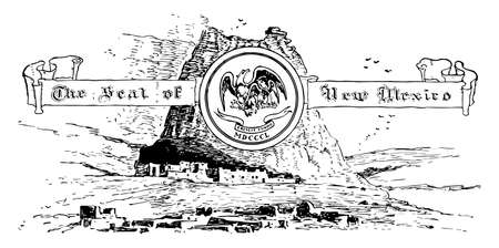 The United States seal of New Mexico, this seal has mountains and flying birds in background, it also has circle in center, in that two eagles holding arrows and branch of tree, vintage line drawing or engraving illustrationのイラスト素材