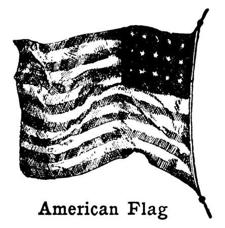Picture of old American Flag on a flag pole, this flag has horizontal stripes alternating dark and white, stars in top right corner, vintage line drawing or engraving illustrationのイラスト素材