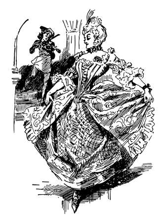 Merrymind, a lady and little boy who playing violin, vintage line drawing or engraving illustrationのイラスト素材