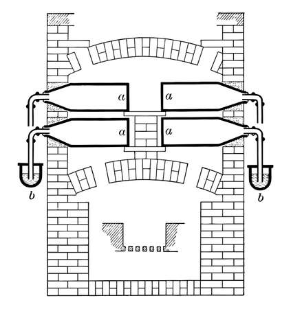 Picture represents clay retorts used in the distillation of phosphorus at high temperatures with phosphorus hydrogen and carbon monoxide being produced, vintage line drawing or engraving illustration.のイラスト素材