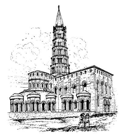 St. Saturnin,  at Toulouse,  the former abbey church, Good availability and great rates,  styled the first Bishop of Tolosa, vintage line drawing or engraving illustration.のイラスト素材