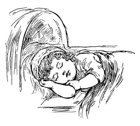 Sleeping a child in this picture, vintage line drawing or engraving illustration.のイラスト素材