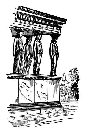 Caryatides, Figures of women, dressed in long robes, serving to support entablatures, vintage line drawing or engraving illustration.のイラスト素材