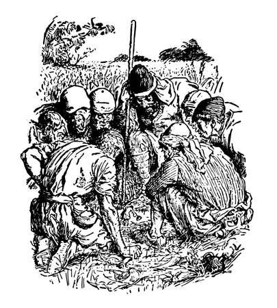 Giants Gathered, this scene shows group of giant men sitting in circle and looking towards a little man standing in the center of circle, vintage line drawing or engraving illustrationのイラスト素材