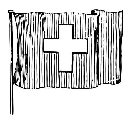 Flag of Switzerland, 1881, this flag has white cross in the center of flag and vertical stripes all over the flag, vintage line drawing or engraving illustrationのイラスト素材