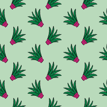 Small aloe plant, seamless pattern on mint green background.のイラスト素材