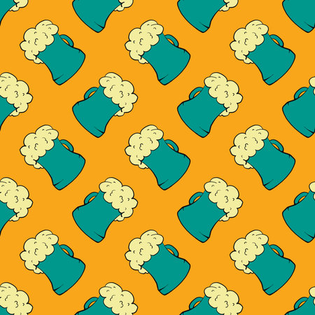 Beer in glass, seamless pattern on orange background.のイラスト素材