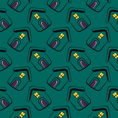 Small green houses, seamless pattern on dark green background.のイラスト素材