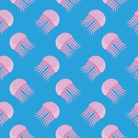 Pink jellyfish, seamless pattern on blue background.