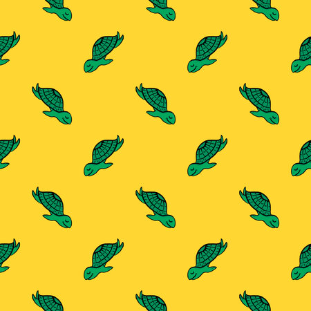 Sea turtles,seamless pattern on yellow background.のイラスト素材