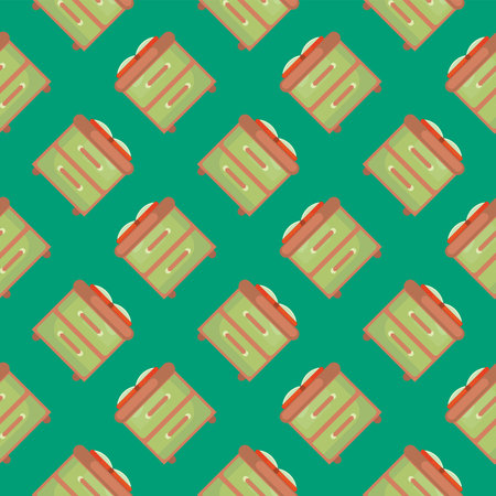 Dresser with books,seamless pattern on green background.のイラスト素材