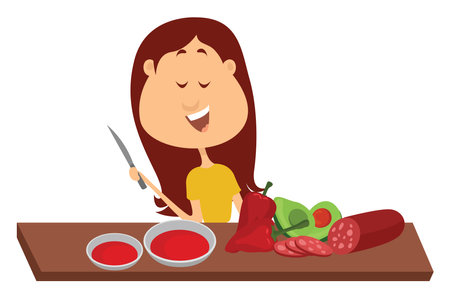 Girl cooking, illustration, vector on white background.のイラスト素材