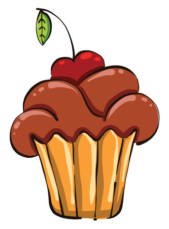 Chocolate cupcake with cherry, illustration, vector on white background.のイラスト素材