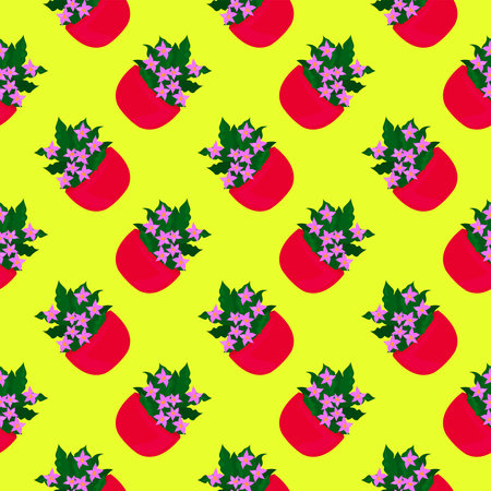 Flowers in a red cup,seamless pattern on yellow background.