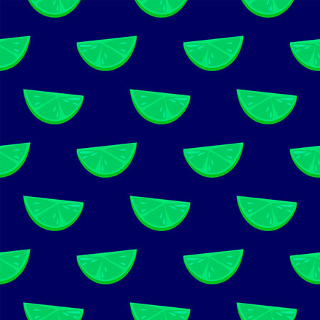 Cute green limes slices,seamless pattern on dark blue background.のイラスト素材