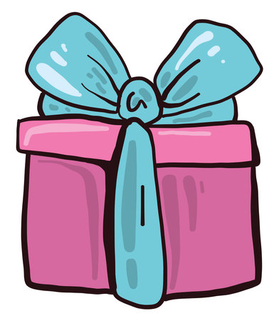 Pink gift with blue ribbon, illustration, vector on white background.のイラスト素材