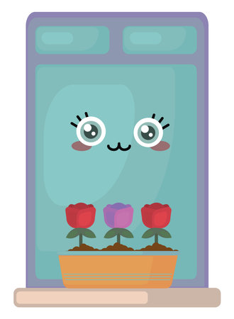 Windowsill with flowers, illustration, vector on white background.のイラスト素材