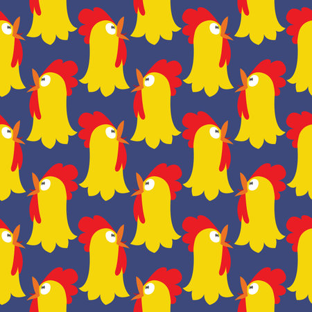Chicken head, seamless pattern on a dark blue background.のイラスト素材