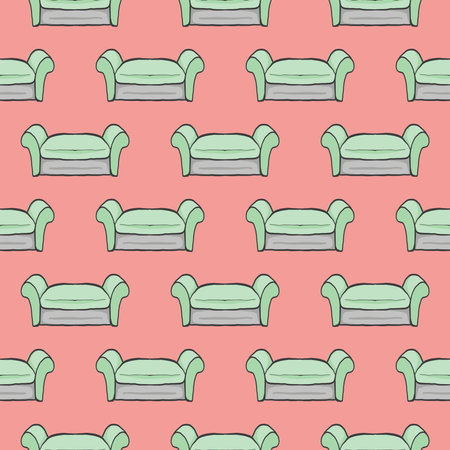 Green armchair , seamless pattern on a dark pink background.のイラスト素材