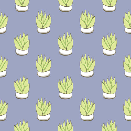 Aloe vera in a pot , seamless pattern on a purple background.のイラスト素材