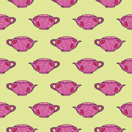 Pink teapot , seamless pattern on a yellow background.のイラスト素材