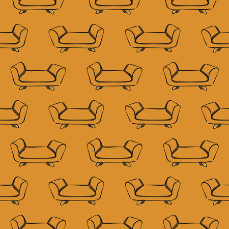 Yellow sofa,seamless pattern on mustard yellow background.のイラスト素材