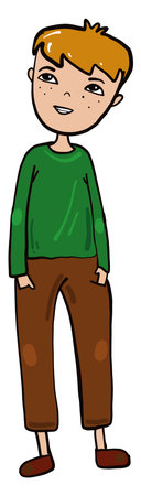 Happy boy in green shirt, illustration, vector on a white background.のイラスト素材